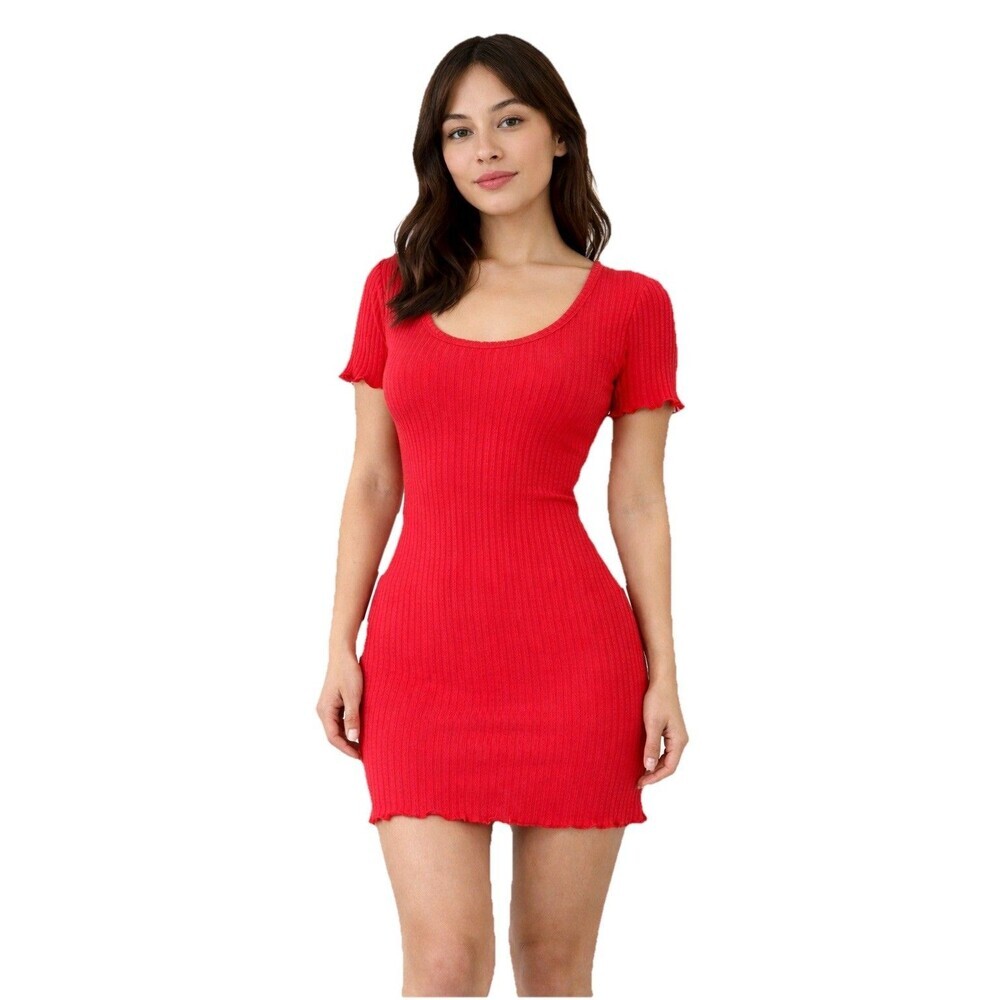 Red Ribbed Mini Dress Bodycon Scoop Neck Stretch Y2K Petite Fitted